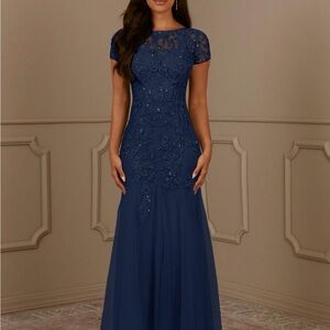 Azazie Elegant Blue Lace Maxi Dress